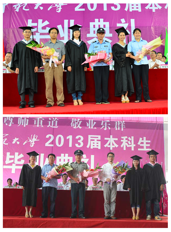 毕业生代表为教师、后勤员工和保安代表献花